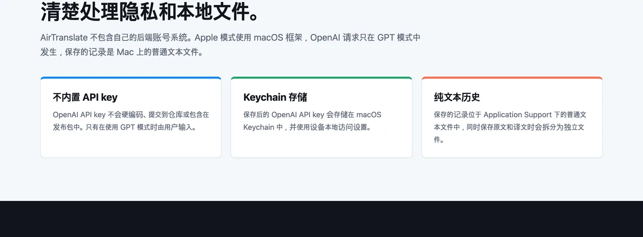 AirTranslate 官方頁面的隱私區塊，說明不內嵌 API Key、Keychain 儲存與純文字歷史紀錄
