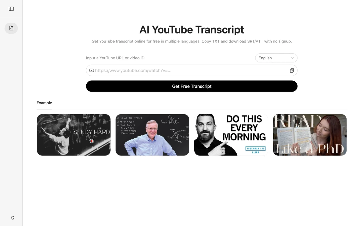 AI YouTube Transcript:貼連結就抓下 YouTube 字幕的免費工具 2 AI YouTube Transcript 官網首頁,貼上 YouTube 連結即可提取字幕的輸入介面