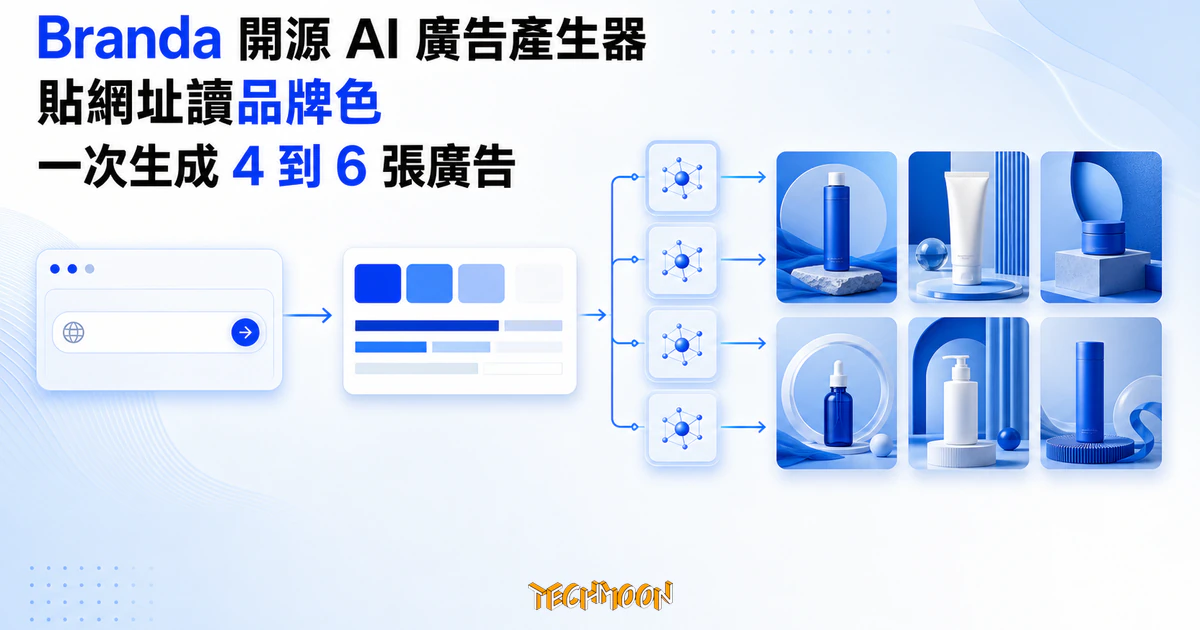 TechMoon 精選圖｜Branda 開源 AI 廣告產生器讀取網域品牌色與字體，並行生成多款品牌廣告素材