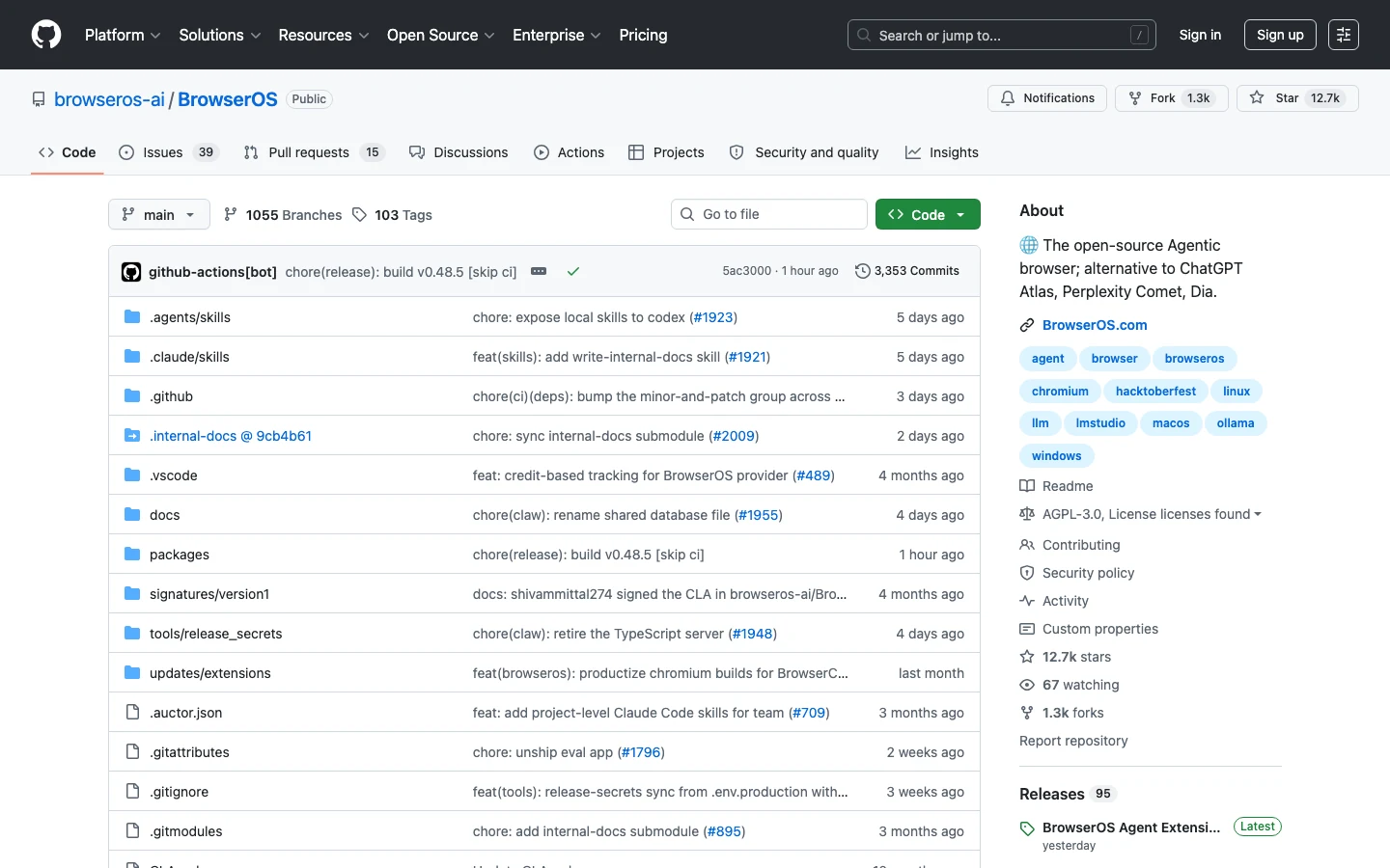 BrowserOS 開源 Chromium 瀏覽器評測:BYOK 自帶 API Key 的本機 AI Agent 3 TechMoon 截圖|GitHub browseros-ai/BrowserOS 倉庫頁面顯示 12.7k stars、AGPL-3.0 授權與最近活躍 commit