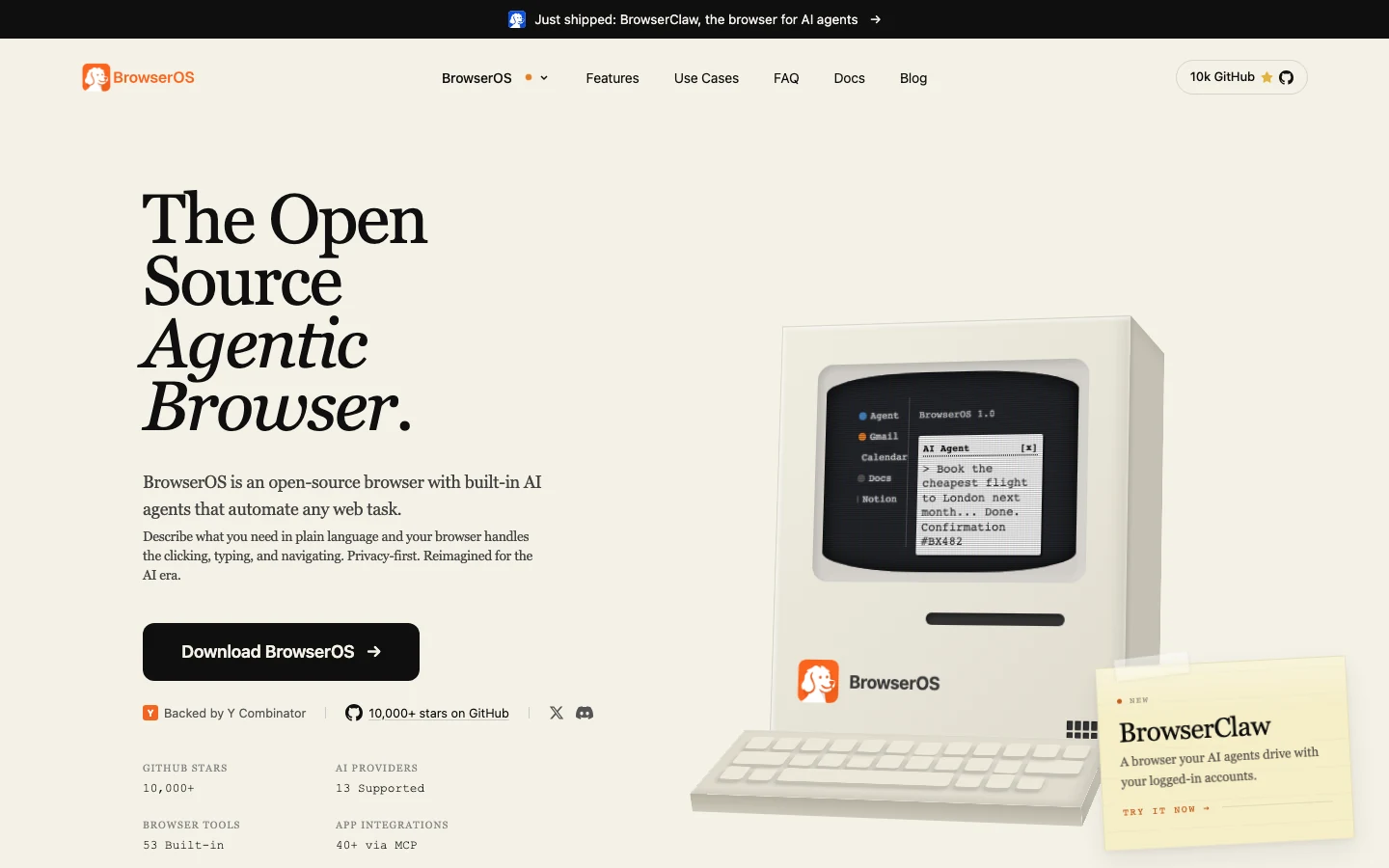 TechMoon 截圖｜BrowserOS 官方首頁呈現「The Open Source Agentic Browser」定位與 BrowserClaw 並列展示