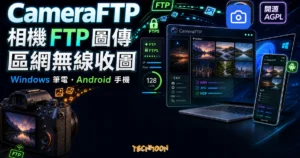 CameraFTP 精選圖片，呈現相機透過區網 FTP 將照片無線推送到 Windows 筆電與 Android 手機接收