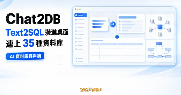 Chat2DB:AI 資料庫客戶端,把 Text2SQL 與 35 種資料庫連線裝進本機的 DBeaver 替代方案 1 TechMoon 精選圖|Chat2DB AI 資料庫客戶端整合 Text2SQL 與 35 種資料庫連線