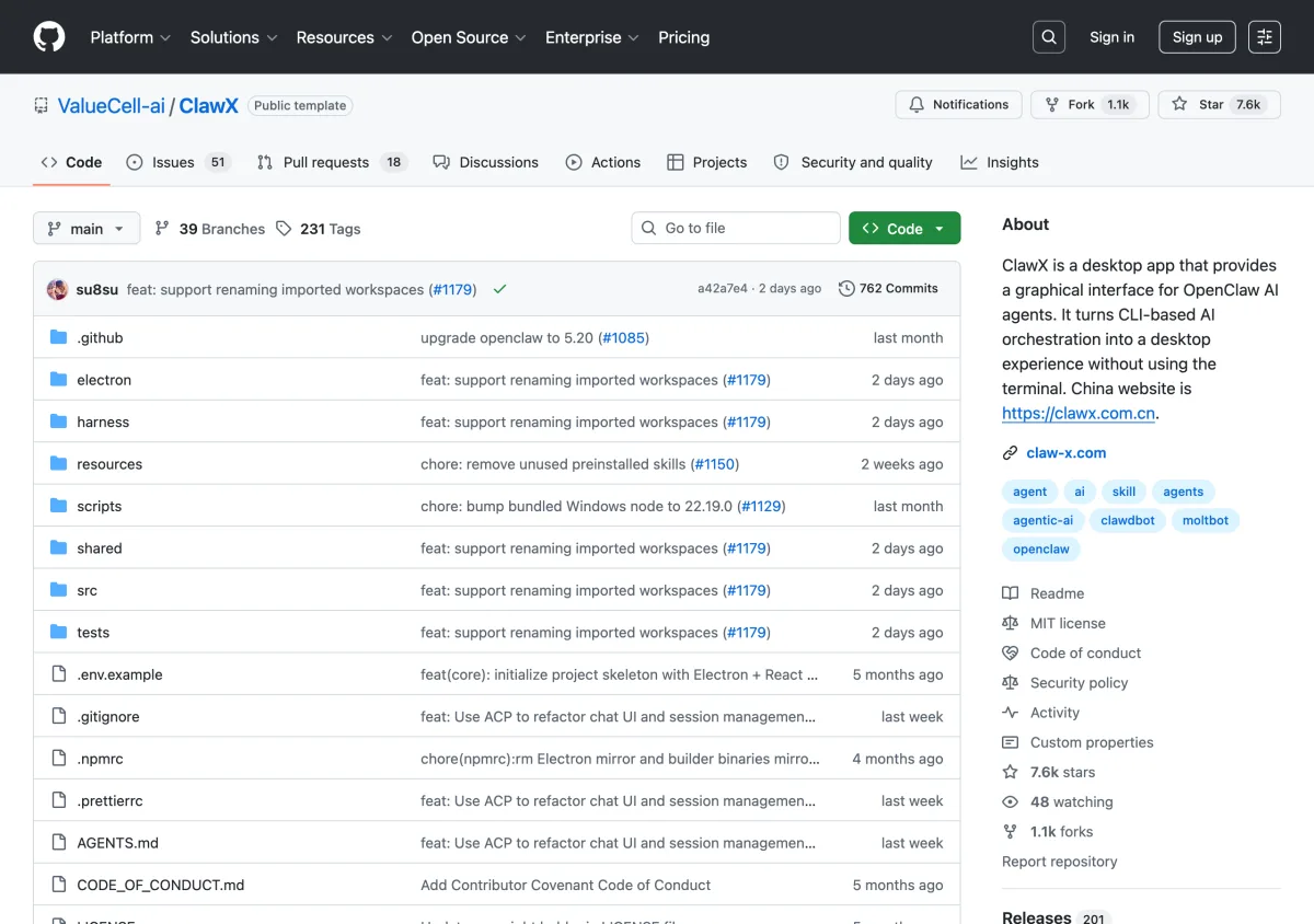 ClawX:把 OpenClaw 命令行包成桌面圖形介面的 AI Agent 工具,背後是中國團隊與企業版 3 ClawX 的 GitHub 專案頁 ValueCell-ai ClawX,顯示 MIT 授權、TypeScript、七千多顆星標與極活躍的 commit