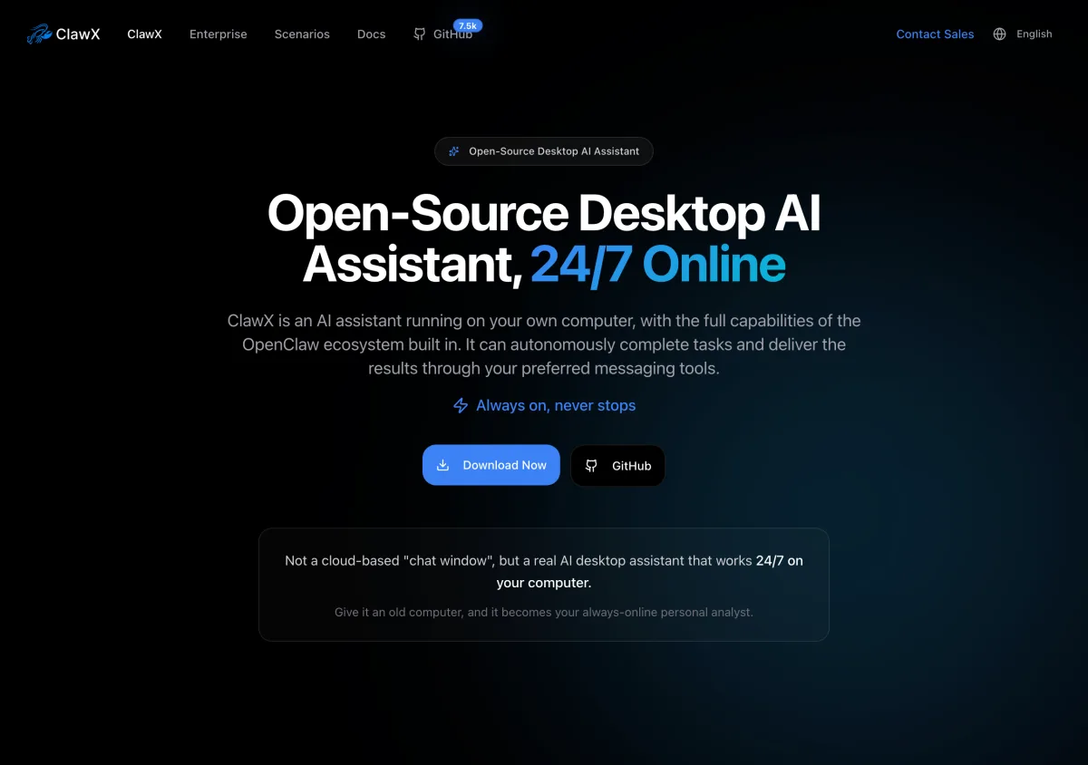 ClawX:把 OpenClaw 命令行包成桌面圖形介面的 AI Agent 工具,背後是中國團隊與企業版 2 ClawX 官方網站 claw-x.com 首頁,主打 OpenClaw 桌面 GUI 客戶端,把命令行 AI Agent 變成圖形介面