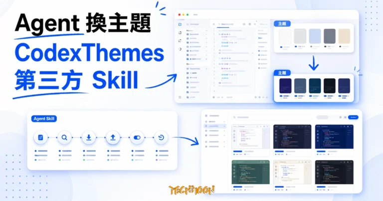 Codex Theme 設定:官方外觀與第三方主題差異 2 TechMoon 精選圖|CodexThemes 第三方 Agent Skill 庫,把 Codex 桌面主題的創作、查找、安裝、切換整包交給 Codex Agent 自動執行