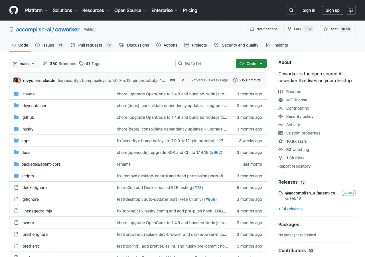 Coworker 前身 Accomplish 的 GitHub 開源倉庫頁面，顯示超過一萬顆星與 README 標題