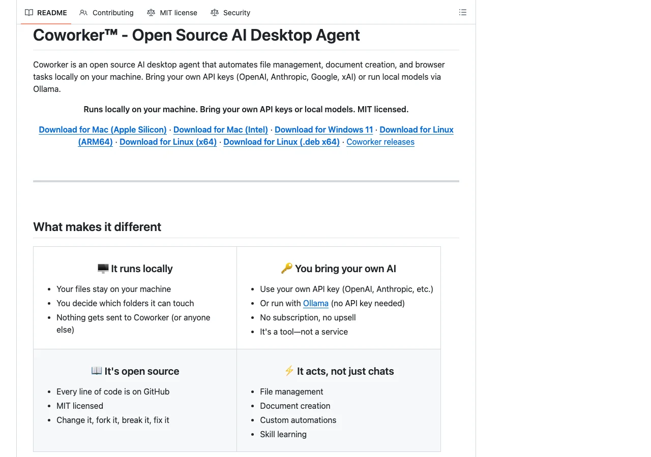 Coworker 桌面代理 README 列出的四大差異化：本機運行、自帶 API Key、開源、會動手