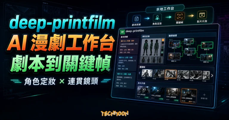 deep-printfilm:把劇本、角色定妝和關鍵幀收進同一個專案的 AI 漫劇工作台 2 deep-printfilm AI 漫劇工作台精選圖,深色霓虹創作工作室背景搭配劇本、角色定妝與關鍵幀工作台面板,標題為 deep-printfilm 與 AI 漫劇工作台