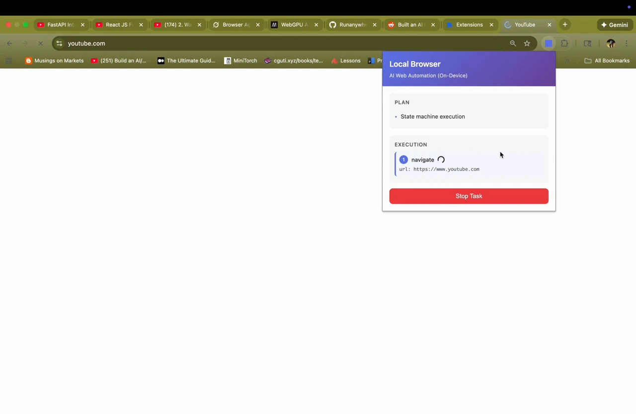 on-device-browser-agent:用 WebGPU 在 Chrome 本地跑 AI 網頁自動化的開源擴充功能 2 on-device-browser-agent 擴充功能彈出視窗接受任務的官方示範截圖