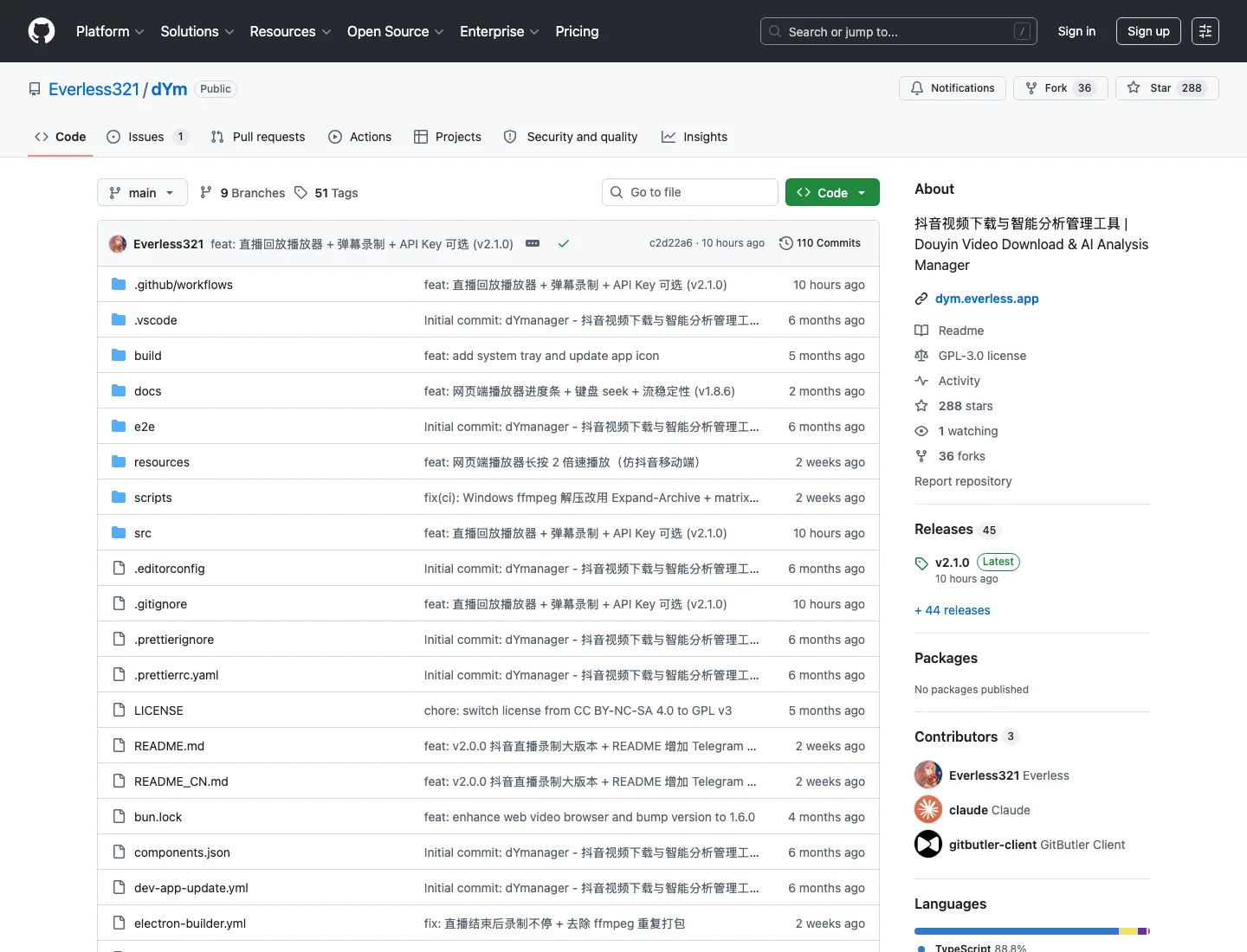 dYm:開源抖音影片歸檔工具,下載進本機 SQLite 並用 Grok 上標籤 3 TechMoon 精選圖|dYm 在 GitHub 上的倉庫頁面,顯示 288 顆星、GPL-3.0 授權與 TypeScript 為主語言