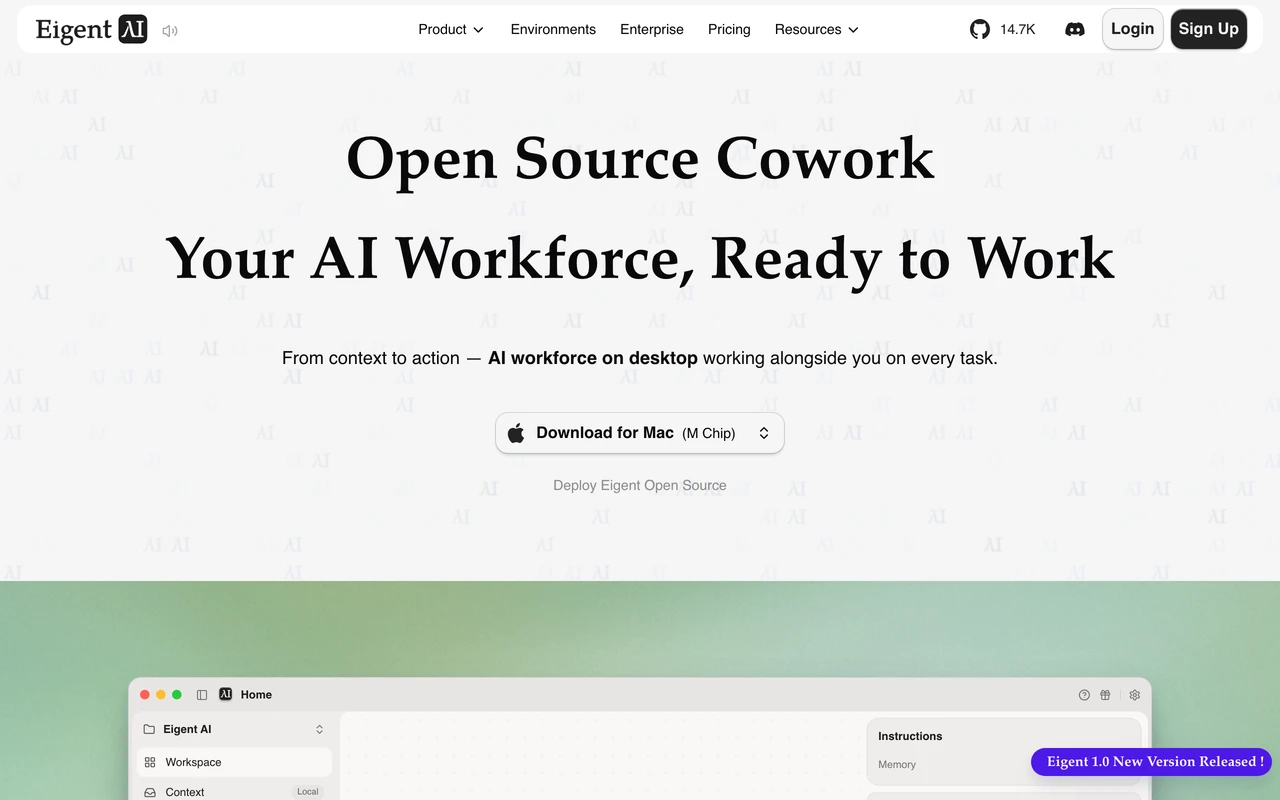 Eigent 官方網站首頁，主視覺標語為 Open Source Cowork Desktop，下方分列 Mac M 晶片、Mac Intel、Windows、Linux、GitHub 五個下載入口