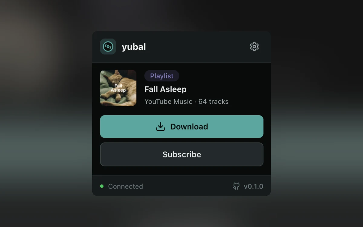 yubal 瀏覽器擴充功能播放清單檢視，顯示訂閫按鈕與曲目排程，擷取自 yubal 官方 README。