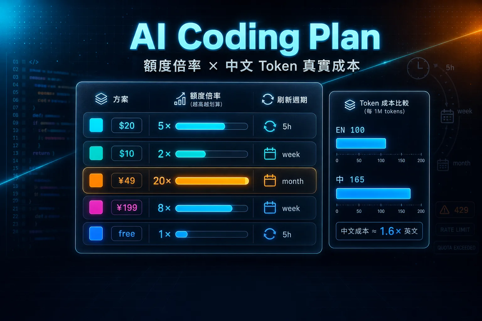 AI coding plan 對比:Claude Pro、ChatGPT Plus、Kimi、GLM 與 Cursor 的額度倍率與中文 Token 真實成本(2026-07) 1 TechMoon 精選圖|AI coding plan 對比:以抽象的方案卡片、額度倍率長條與中英文分詞差異,呈現 Claude Pro、ChatGPT Plus、Kimi、GLM、Cursor 等月費方案的真實成本結構
