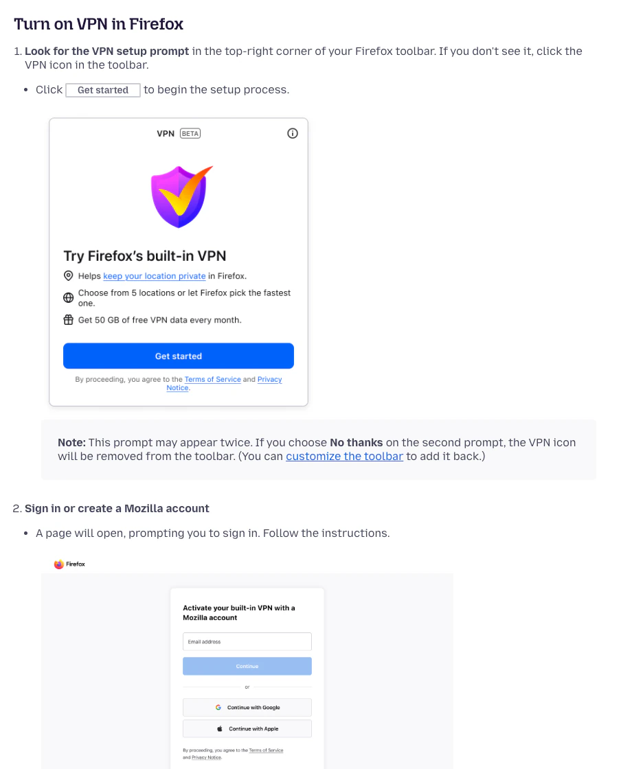 Firefox 內建 VPN 免費隱藏 IP:只護瀏覽器、台灣用不到,與 Mozilla VPN 差在哪 5 Mozilla 官方支援頁的 Turn on VPN in Firefox 啟用步驟,說明工具列 VPN 提示與 Mozilla 帳號登入