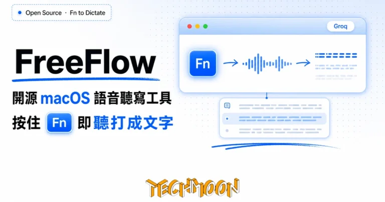 FreeFlow:開源 macOS 語音聽寫工具,按住 Fn 把口說即時聽打成文字 1 TechMoon 精選圖|FreeFlow 開源 macOS 語音聽寫工具:按住 Fn 即聽打成文字,macOS 聽寫面板與 Fn 鍵、聲波轉文字流程的視覺化