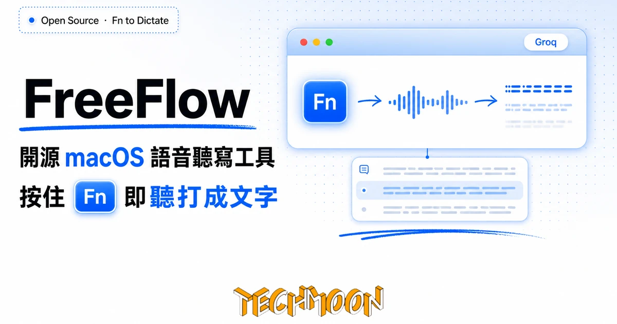 FreeFlow:開源 macOS 語音聽寫工具,按住 Fn 把口說即時聽打成文字 8 TechMoon 精選圖|FreeFlow 開源 macOS 語音聽寫工具:按住 Fn 即聽打成文字,macOS 聽寫面板與 Fn 鍵、聲波轉文字流程的視覺化