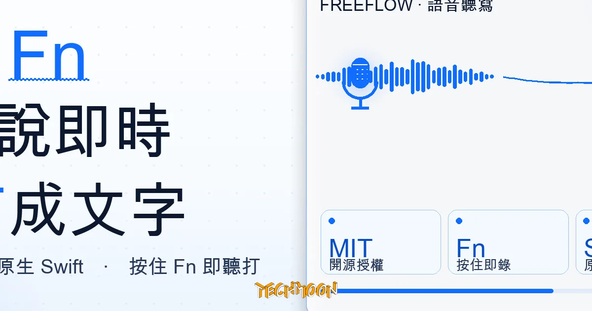 TechMoon 精選圖｜FreeFlow 開源 macOS 語音聽寫工具，按住 Fn 把口說即時聽打成文字