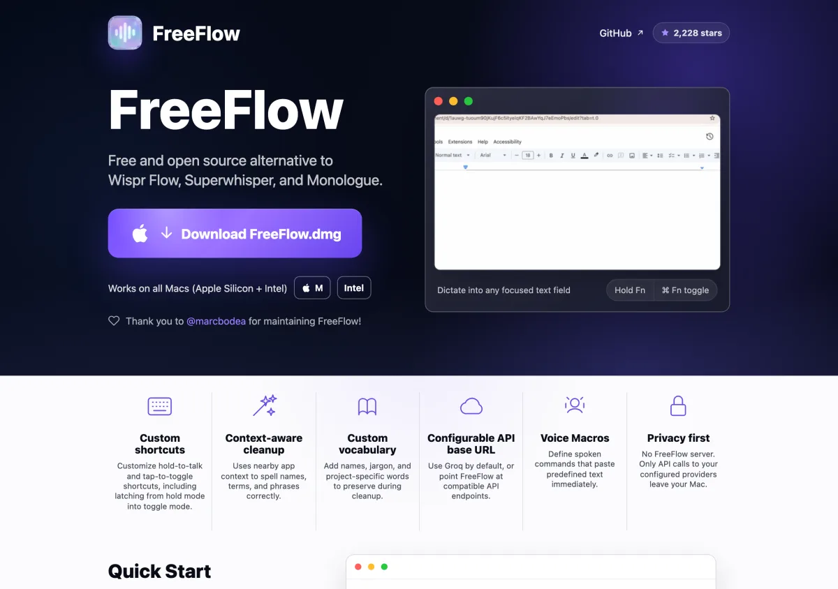 FreeFlow:開源 macOS 語音聽寫工具,按住 Fn 把口說即時聽打成文字 2 FreeFlow 官方網站 freeflow.zachlatta.com 首頁,主打開源 macOS 語音聽寫、按 Fn 全局聽打與讀屏上下文順稿
