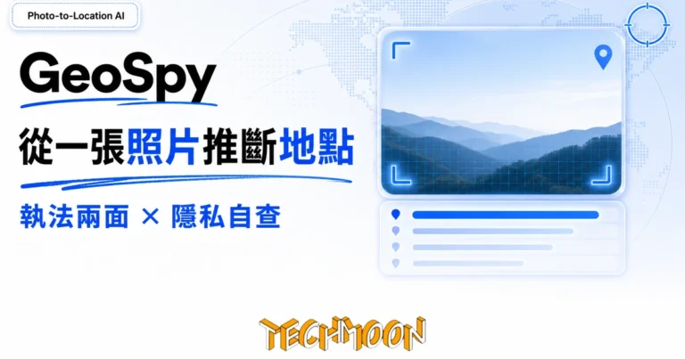 Raven 地理空間情報:照片定位能力與隱私風險 2 TechMoon 精選圖|GeoSpy 是用 AI 從一張照片推斷拍攝地點的視覺情報工具,封面以玻璃擬態照片分析卡搭配取景框角與機率推斷條列,呈現執法定位與隱私自查的 dual-use 兩面