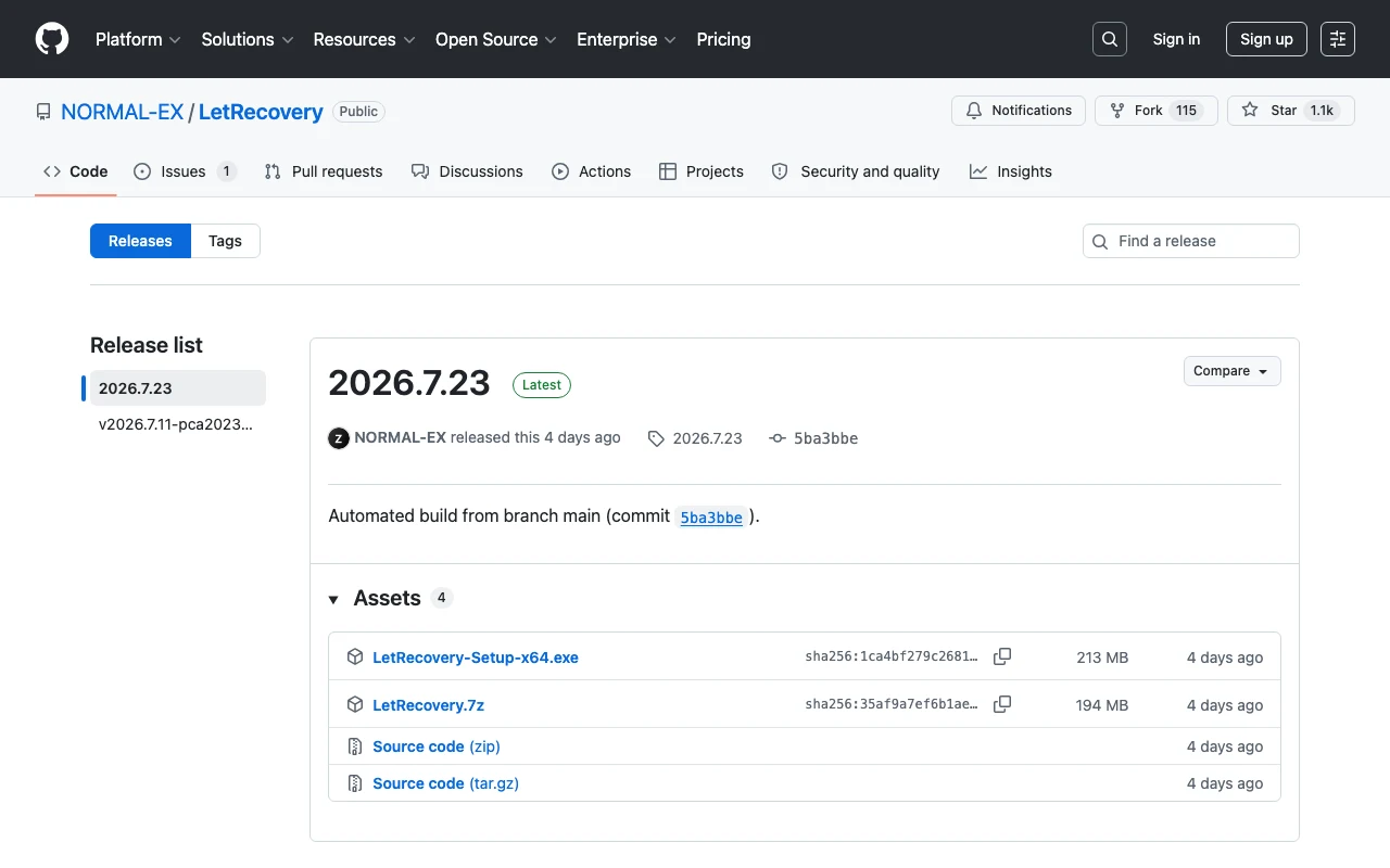 TechMoon 截圖｜LetRecovery GitHub Releases 頁面，可見最新 release 2026.7.23 與歷史版本