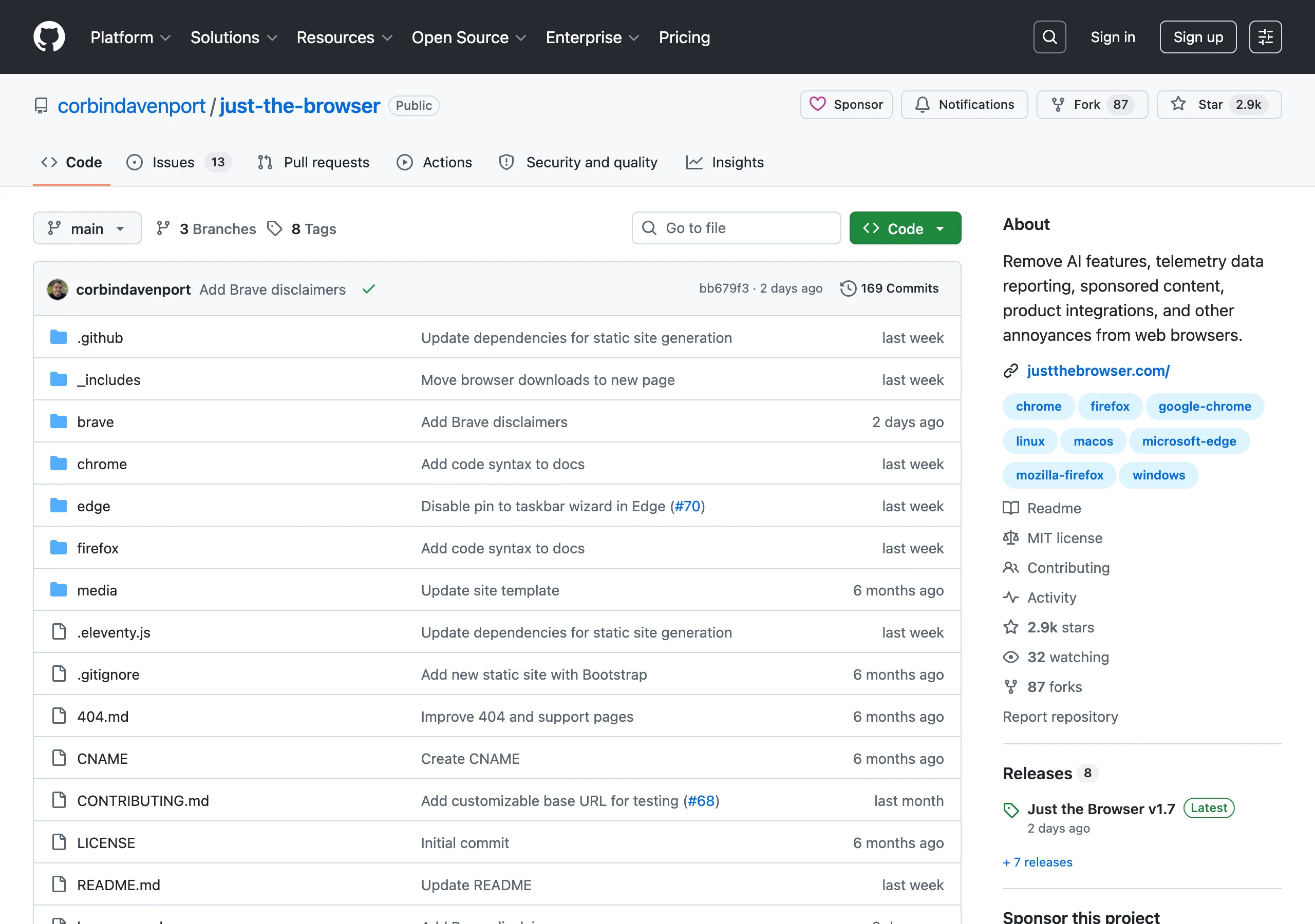 Just the Browser:用 Chrome 企業原則關掉 AI、遙測與廣告 3 Just the Browser GitHub 倉庫頁面,顯示 2864 個星、87 個 fork、MIT 授權與最近的 v1.7 發布活動
