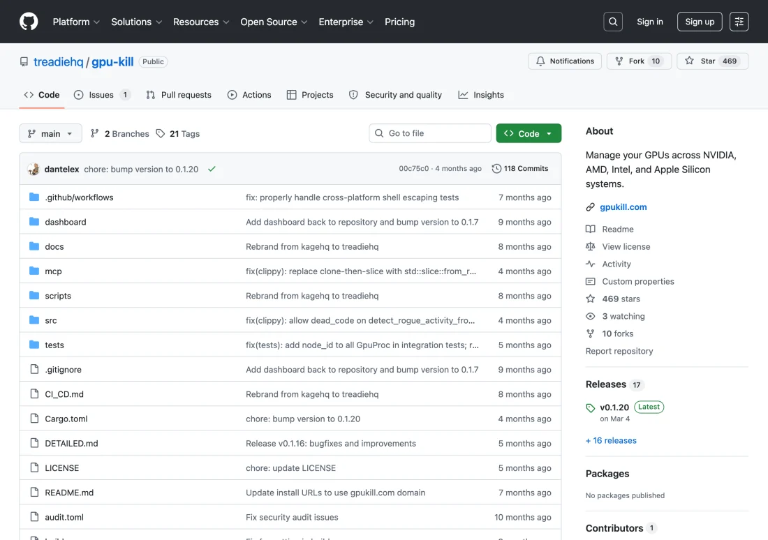 GPU Kill GitHub 倉庫頁面，顯示跨平台 GPU 管理 Rust 工具說明