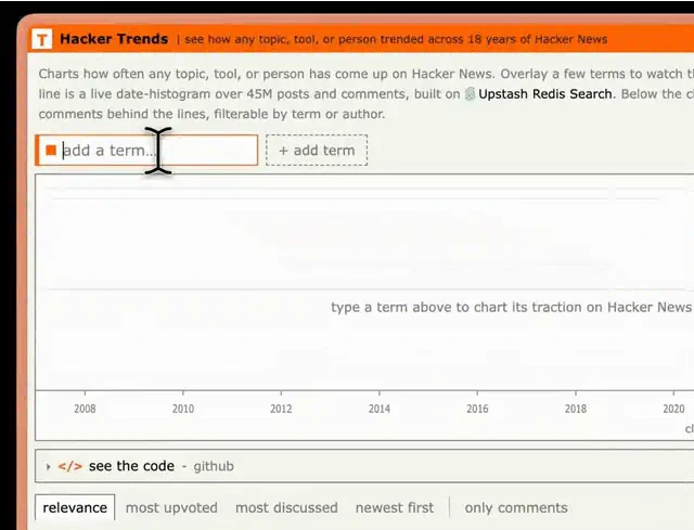 upstash/hacker-trends GitHub README 的 demo 圖，展示搜尋詞彙與 Hacker News 討論趨勢圖
