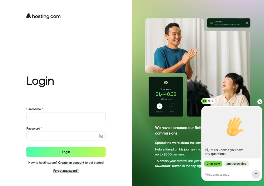 hosting.com WordPress 主機評價:原 A2 更名後值不值得買 4 TechMoon 截圖|hosting.com 帳號登入頁,Username 與 Password 欄位,附 New to hosting.com? Create an account to get started 註冊連結