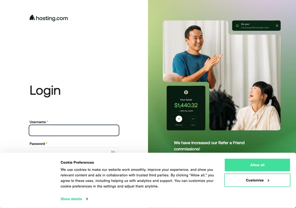 hosting.com WordPress 主機評價:原 A2 更名後值不值得買 4 TechMoon 截圖|hosting.com 帳號登入頁,Username 與 Password 欄位,附 New to hosting.com? Create an account to get started 註冊連結