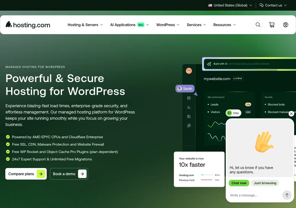hosting.com WordPress 主機評價:原 A2 更名後值不值得買 2 TechMoon 截圖|hosting.com Managed WordPress 產品線登入頁,主打 AMD EPYC 處理器與 Cloudflare Enterprise,附 Compare plans 與 Book a demo 按鈕