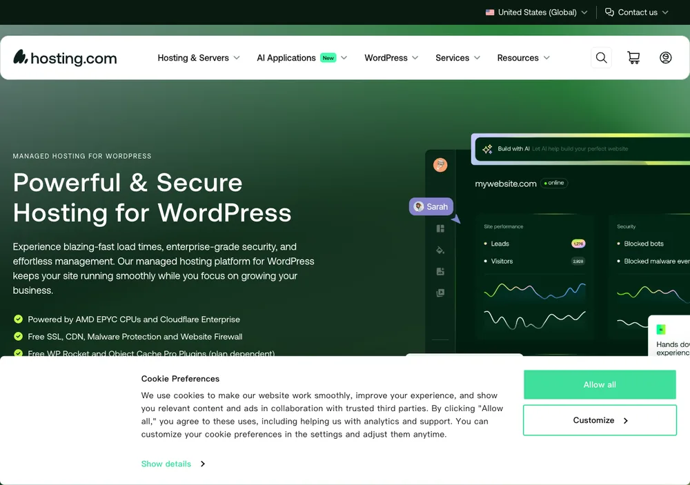 hosting.com WordPress 主機評價:原 A2 更名後值不值得買 2 TechMoon 截圖|hosting.com Managed WordPress 產品線登入頁,主打 AMD EPYC 處理器與 Cloudflare Enterprise,附 Compare plans 與 Book a demo 按鈕
