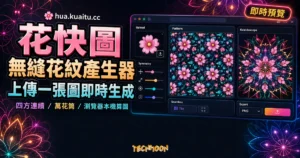 TechMoon 精選圖｜花快圖免費線上花紋產生器，呈現上傳種子圖、無縫拼貼、對稱滑桿與萬花筒即時預覽