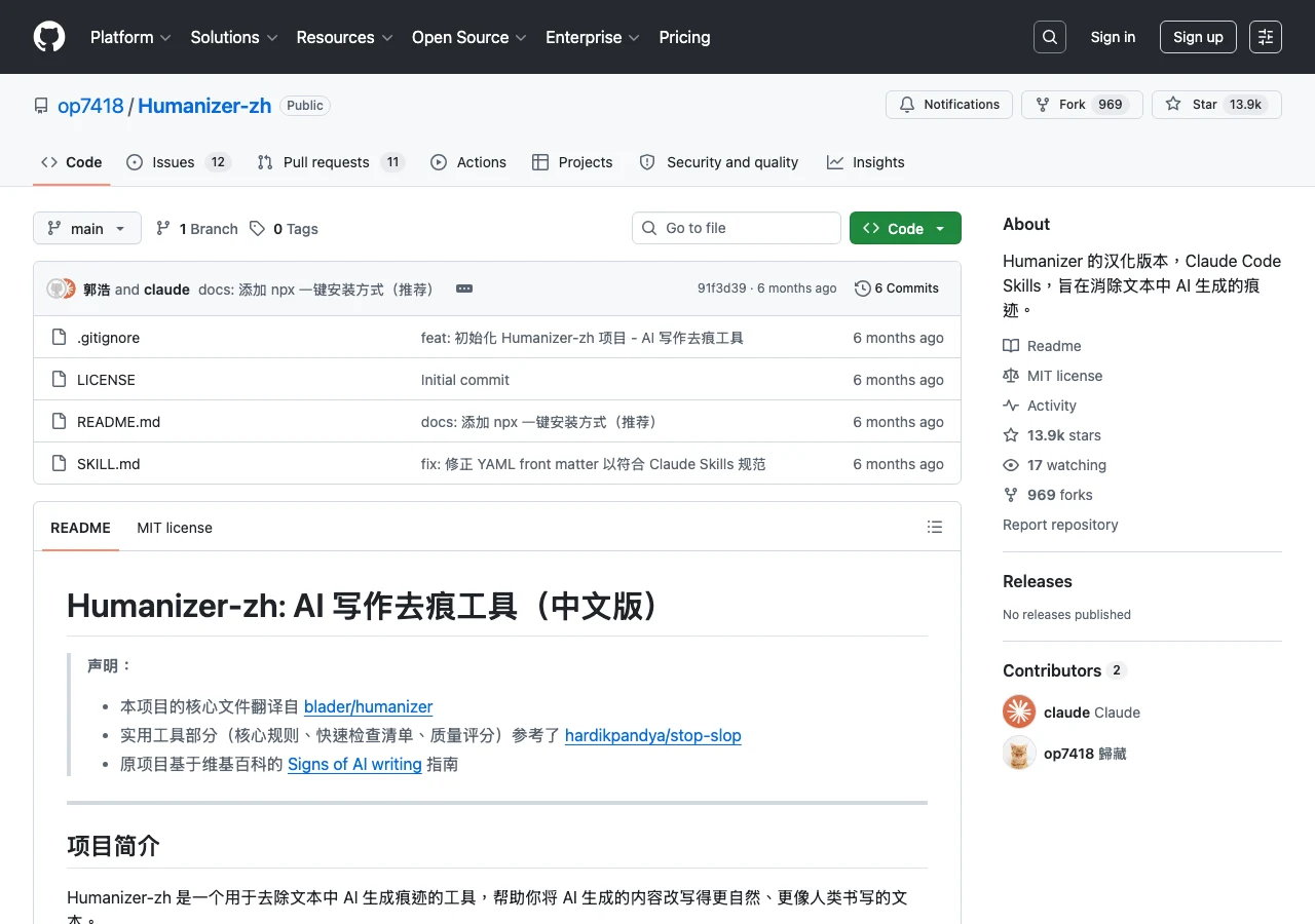 Claude Code Humanizer-zh:把 AI 文章改寫成真人語氣 2 op7418 Humanizer-zh GitHub 專案首頁顯示 MIT 授權 13.9k 星標與六次 commit