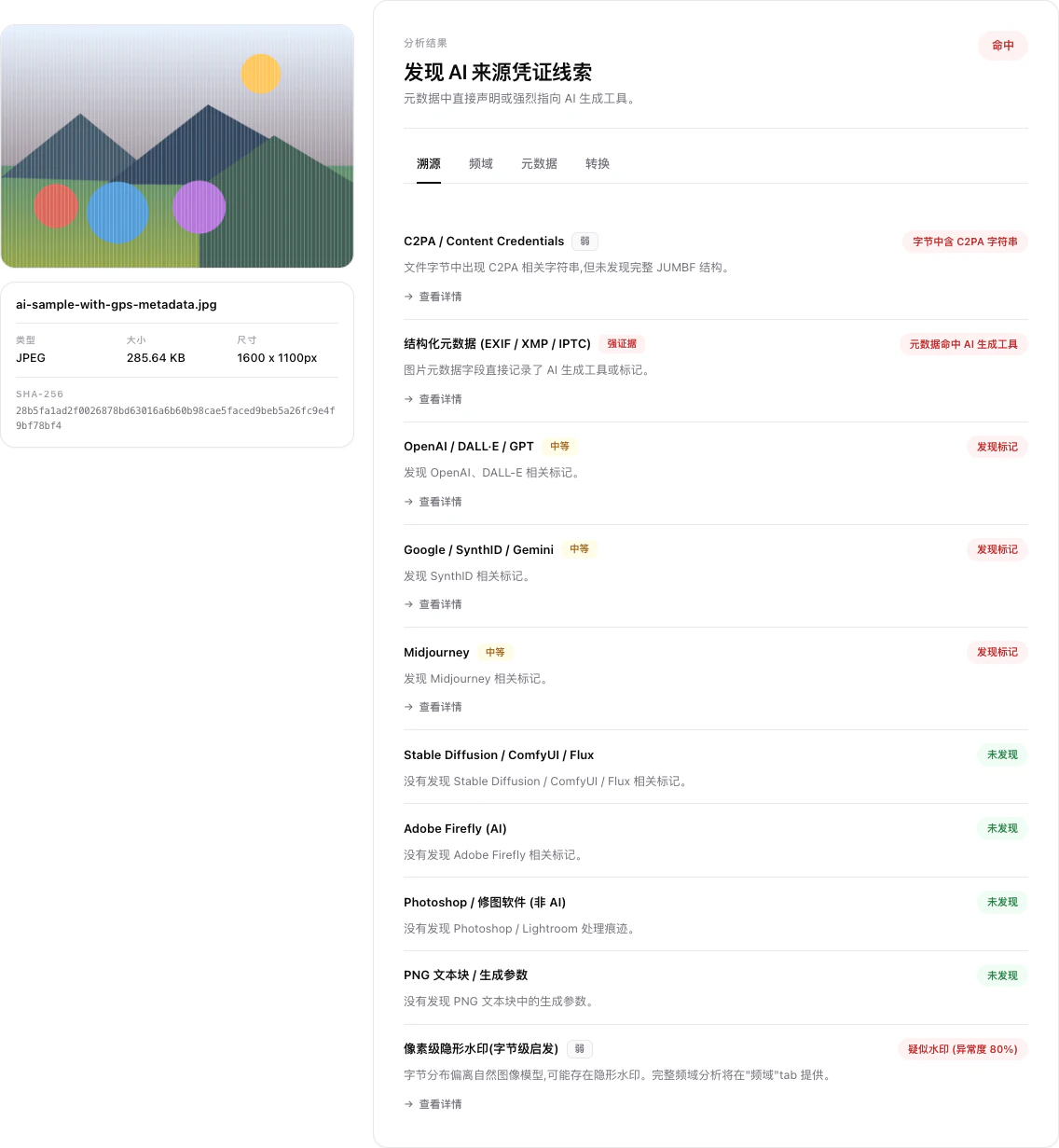 Image Provenance 開源 AI 圖片偵測工具:純瀏覽器檢視 AI 簽章與 EXIF,不上傳、但抹除功能請慎用 2 Image Provenance 官方 demo 的溯源偵測主視圖,顯示 C2PA、OpenAI、SynthID、Midjourney 命中與強中弱置信度