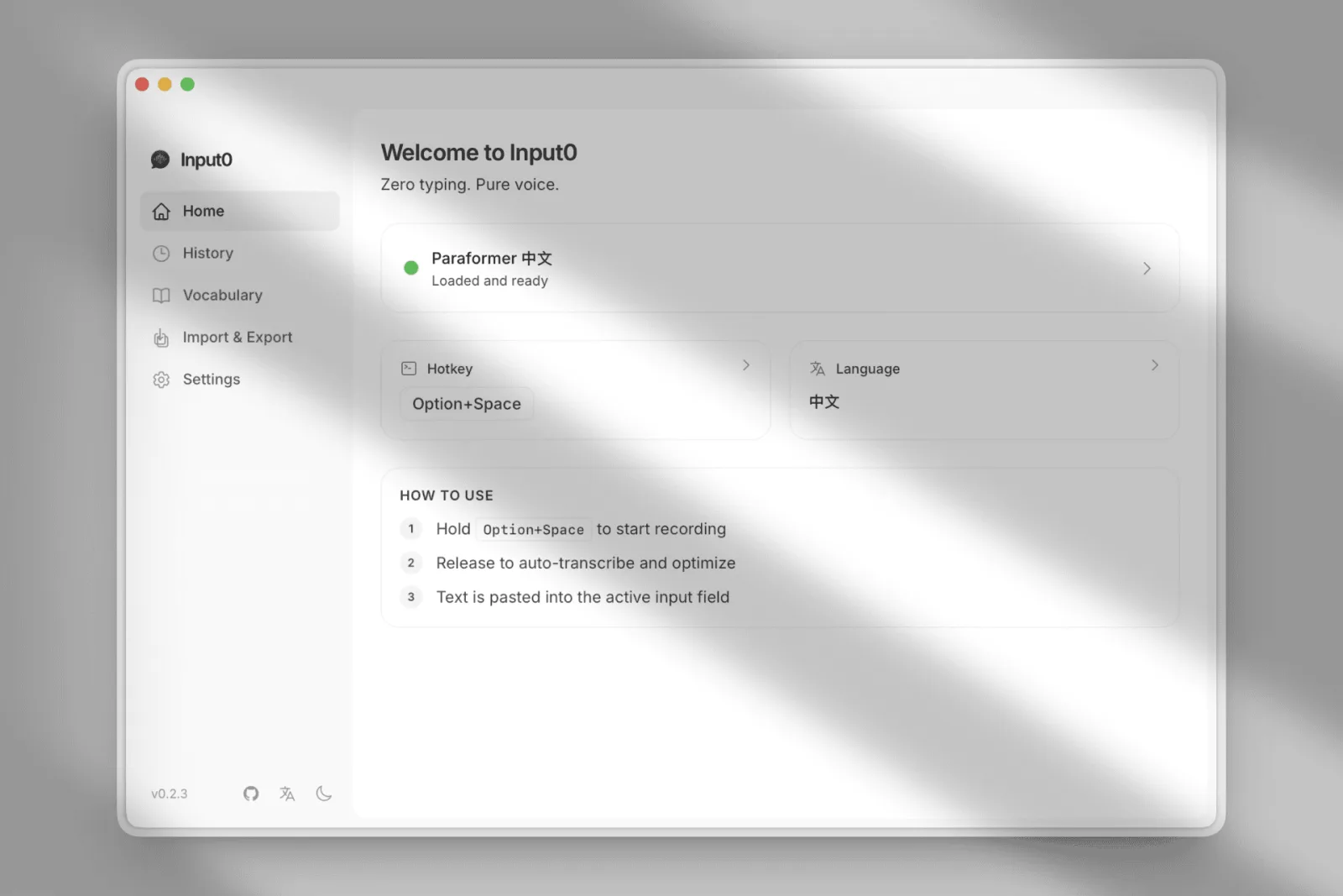 Input 0 開源 macOS 語音輸入工具:本機轉錄是真的,但 LLM 潤色預設外送雲端 API 3 Input 0 官方 README 主介面截圖,顯示按住快捷鍵錄音、放開後本機轉錄再貼進任意輸入框的流程
