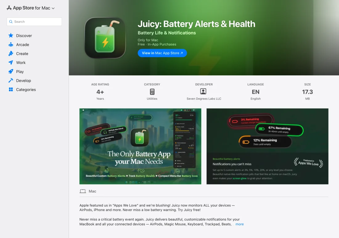 Juicy:自訂 Mac 電量提醒與充電上限的選單列工具 3 Juicy 在 Mac App Store 的產品頁,顯示 App 資訊與截圖