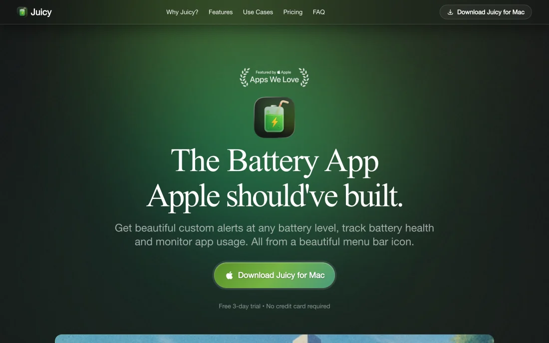 Juicy:自訂 Mac 電量提醒與充電上限的選單列工具 2 Juicy 官網首頁,展示 macOS 選單列電池提醒與健康監控功能