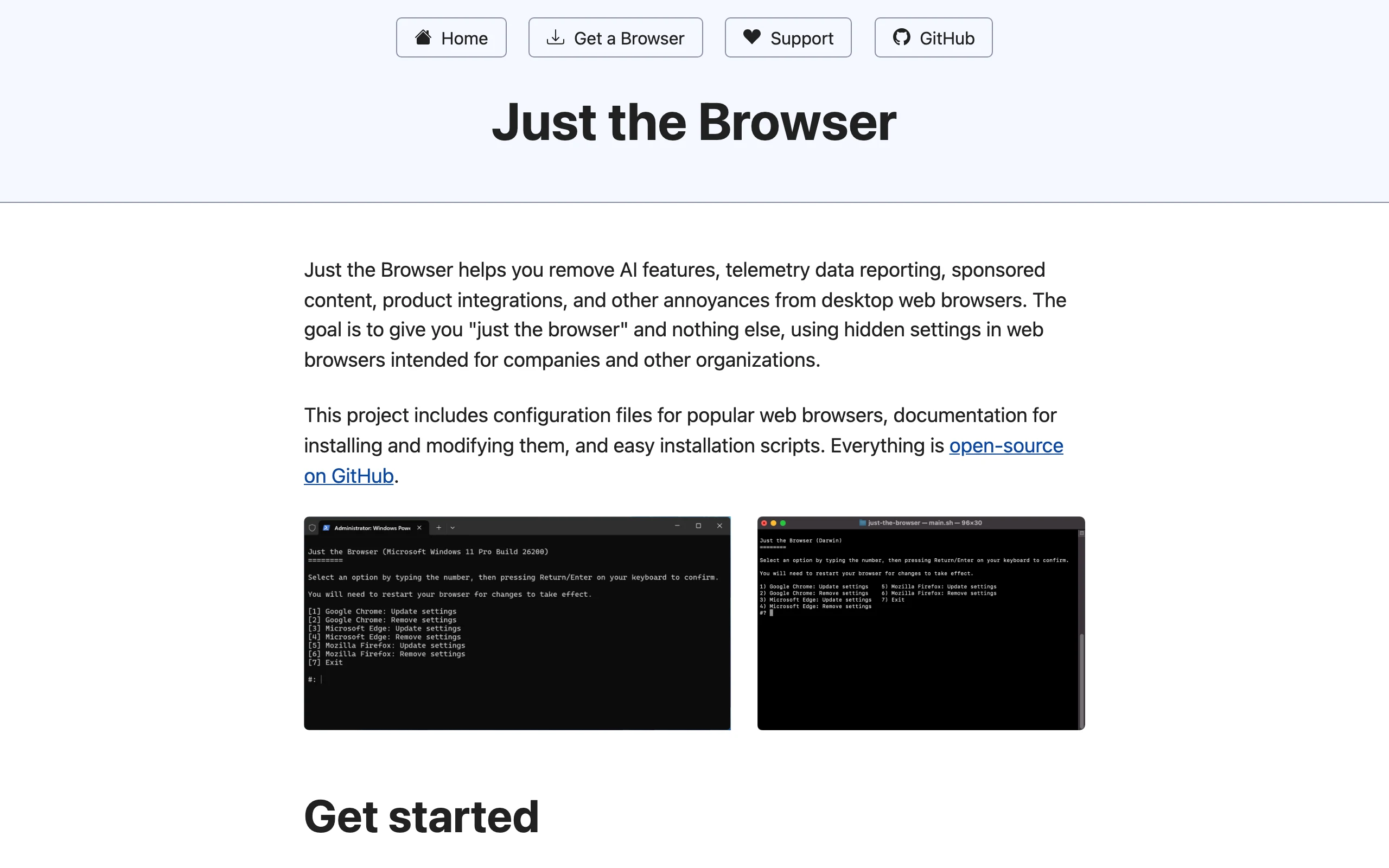 Just the Browser:用 Chrome 企業原則關掉 AI、遙測與廣告 2 Just the Browser 官方網站首頁,說明工具使用瀏覽器內建企業原則移除 AI、遙測與購物推薦等非核心功能