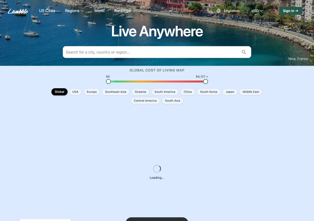 Livabble:全球城市生活成本與宜居度查詢工具,1377 個城市的月費與背後的資料來源 3 Livabble 官方網站 livabble.com 首頁,主打數位游民宜居城市指南與全球城市月成本排名