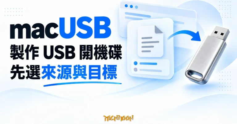 macUSB 開機碟製作概念圖，以安裝來源檔案連接 USB 隨身碟