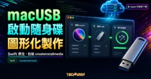 TechMoon 精選圖｜macUSB 開源 macOS 啟動隨身碟製作工具，呈現圖形化 createinstallmedia、USB 製作流程與 Apple 伺服器下載。