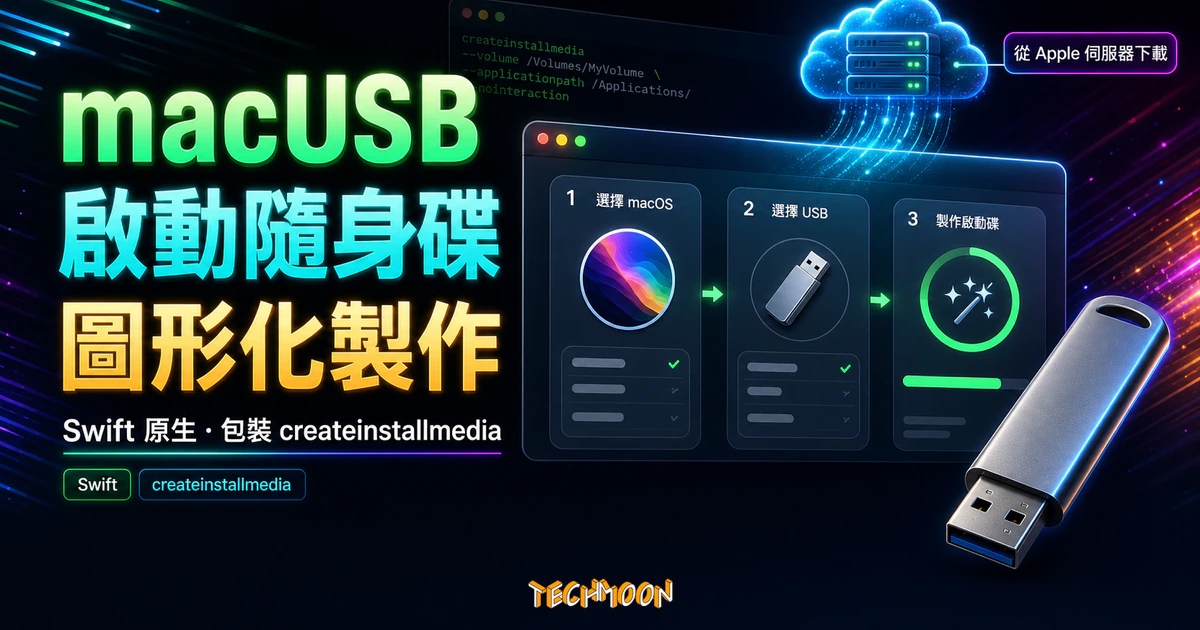 TechMoon 精選圖｜macUSB 開源 macOS 啟動隨身碟製作工具，呈現圖形化 createinstallmedia、USB 製作流程與 Apple 伺服器下載。