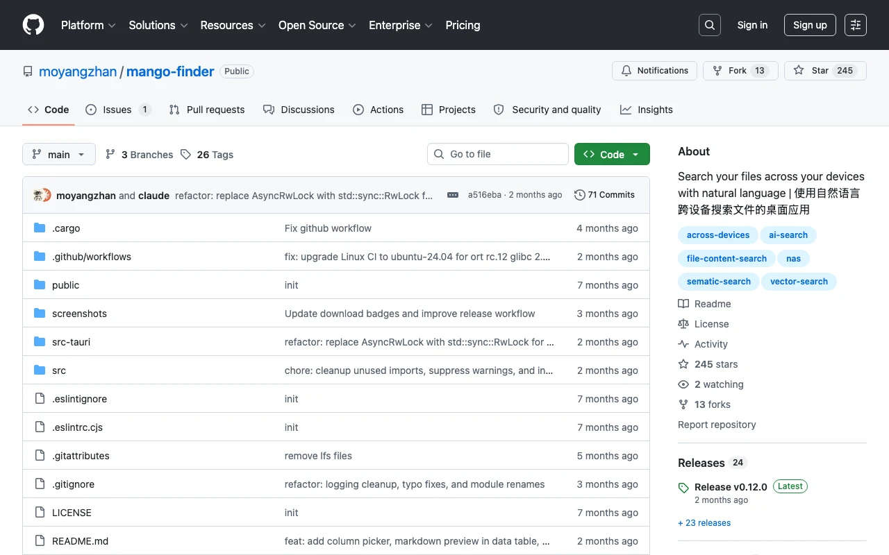 TechMoon 內文圖｜Mango Finder 的 GitHub 倉庫首頁與基本資訊（245 顆星、PolyForm Noncommercial、Tauri 桌面應用）