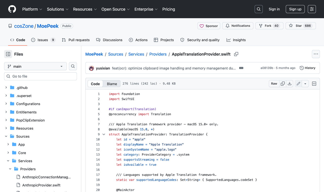 AppleTranslationProvider.swift 原始碼片段，顯示 import Translation 與 TranslationSession Configuration