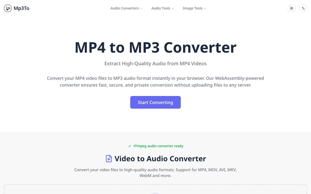Mp3To 音訊轉檔工具:檔案留在瀏覽器處理,不必上傳伺服器 3 Mp3To 的 MP4 轉 MP3 轉換頁,顯示拖放檔案區塊與格式選項,轉換在瀏覽器本機完成