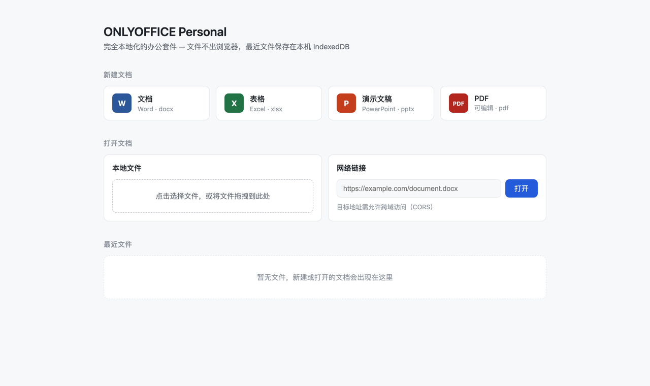 OnlyofficePersonal:瀏覽器裡跑的離線 Office,文件不上傳但繼承 AGPL 2 OnlyofficePersonal 線上 demo 頁面,在瀏覽器裡打開 Office 編輯器介面,可直接編輯文件