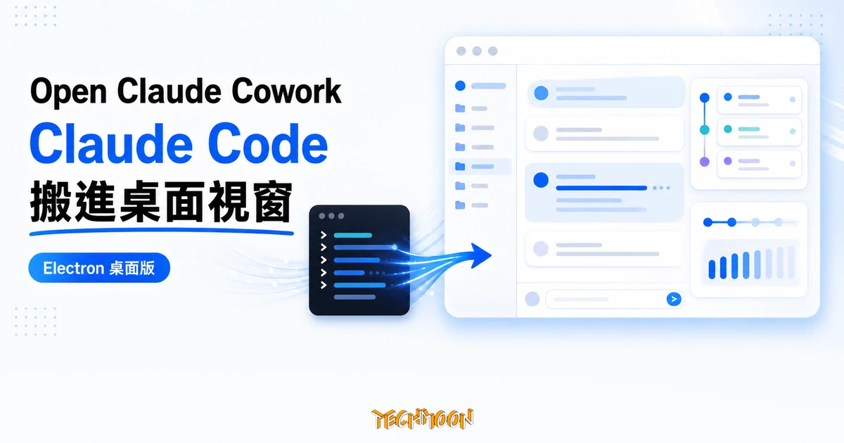 TechMoon 精選圖｜Open Claude Cowork 把 Claude Code 從終端機搬進桌面 Electron 視窗的開源桌面代理評測。