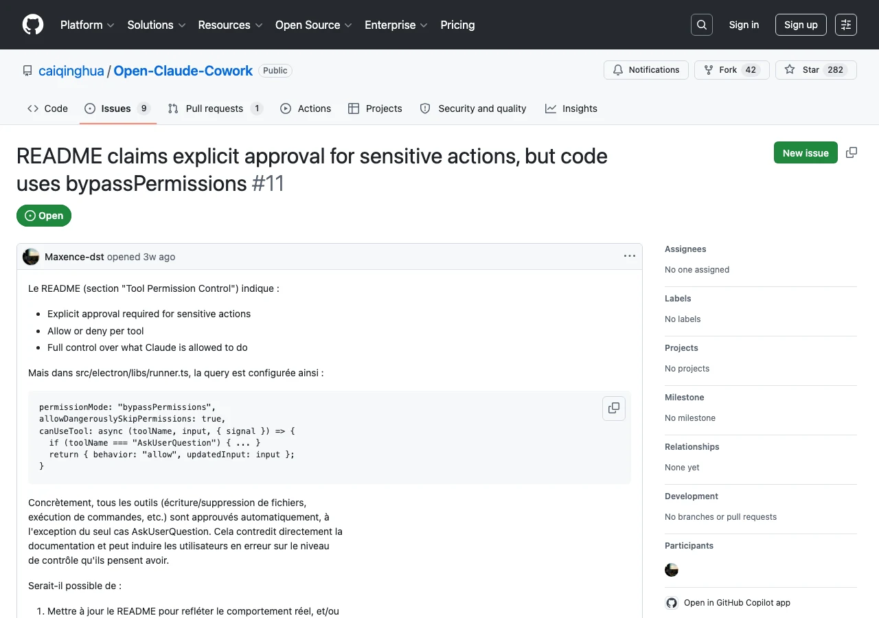GitHub Issue #11 由使用者於 2026-07-08 獨立回報，指出 README 的 Tool Permission Control 段落與 runner.ts 的 bypassPermissions 設定不符。