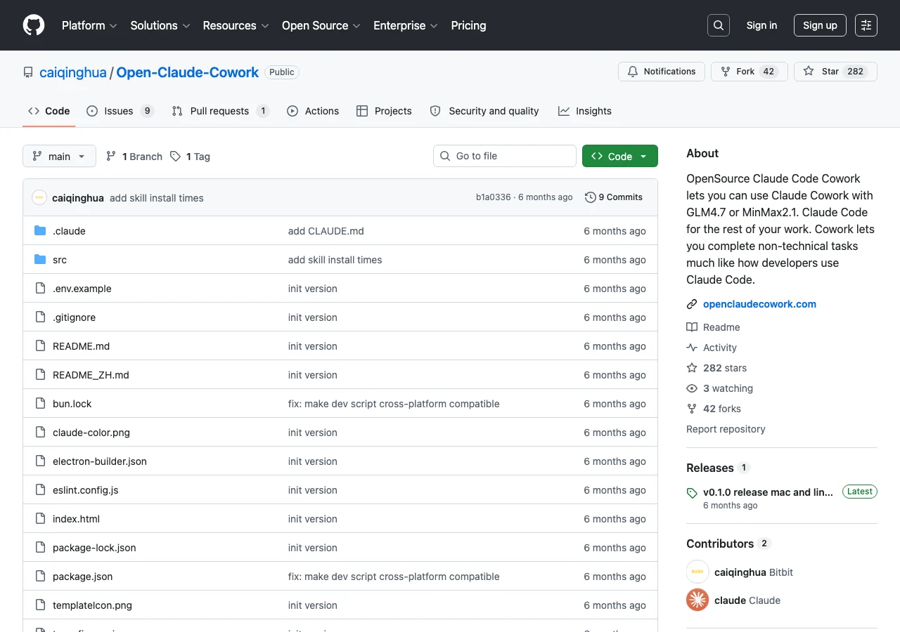 Open Claude Cowork GitHub 倉庫首頁，截至 2026 年 7 月顯示 282 顆星、42 個 fork，根目錄無 LICENSE 檔。